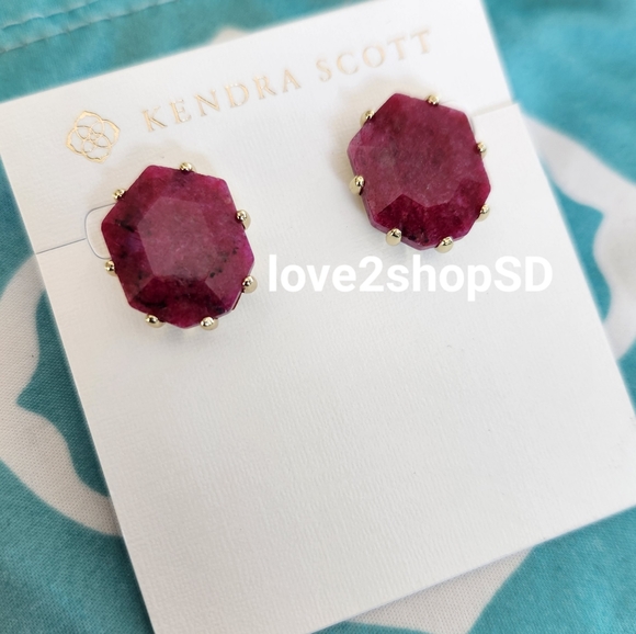Kendra Scott Morgan Gold Stud Earrings in Raspberry Labradorite NWT - Picture 1 of 4